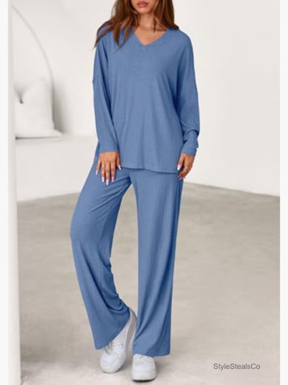 Women's Lounge Set with Soft Ribbed Knit Long Sleeve Top and Wide Leg Pants - Picture 5 of 7